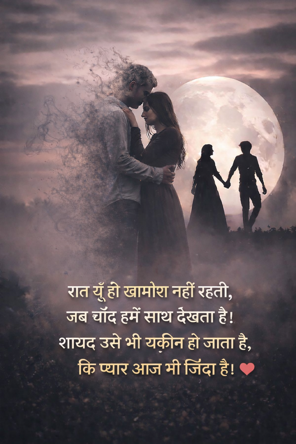 Romantic Shayari in Hindi couple under moonlight